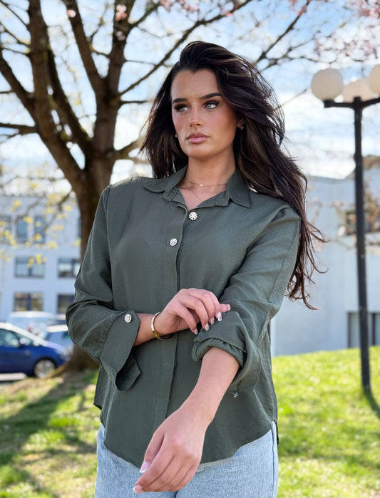 Bluse mit Glitzerknöpfen Khaki